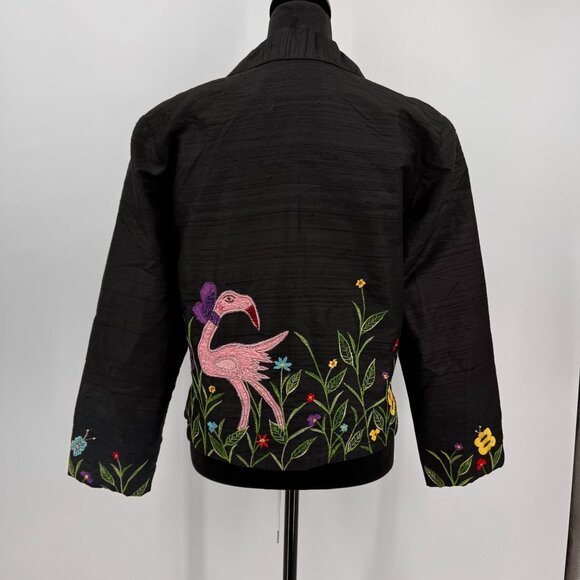 Vtg Tunique Nights Silk Jacket Women S Embroidered Black Flamingo Novelty Button - Picture 7 of 7